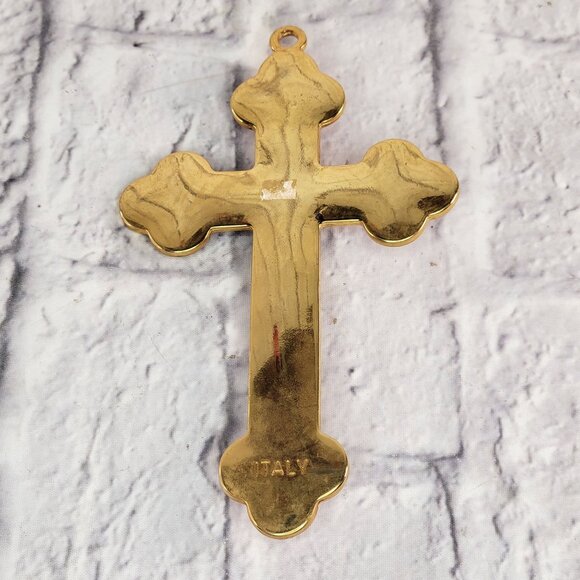 Gold Metal & Red Enamel Crucifix Jesus Wall Figure INRI Inscription 7x4.5" Italy - Picture 4 of 9